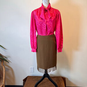 Jones New York | 90s Brown Wool Fringe Skirt 4P Petite | Equestrian Classic